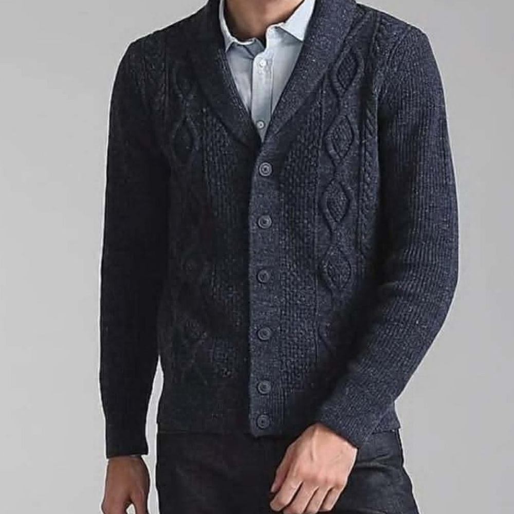 Vtg Gap Cardigan Sweater Men L Navy Blue Fleck Grandpa Chunky Knit Shawl Collar